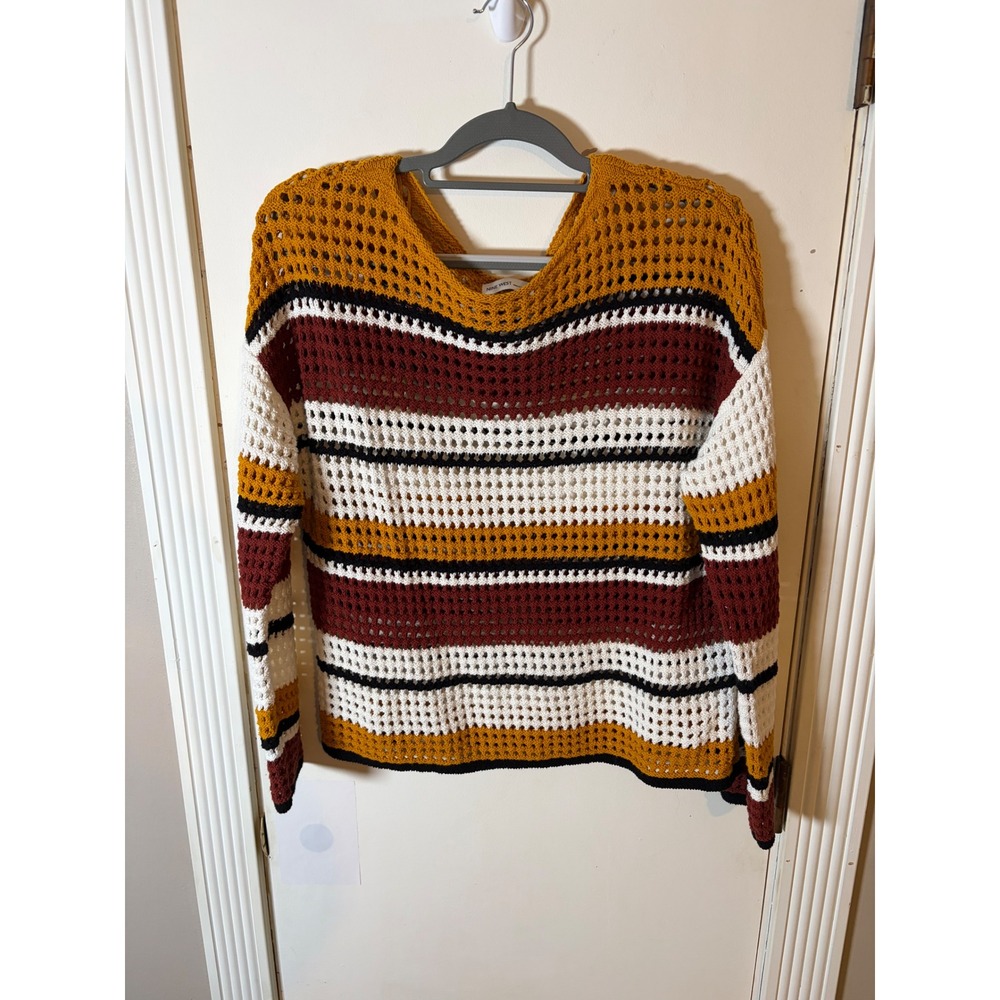 Nine West Womens Striped Crochet Knit Sweater Cotton Mustard Burgundy Black L